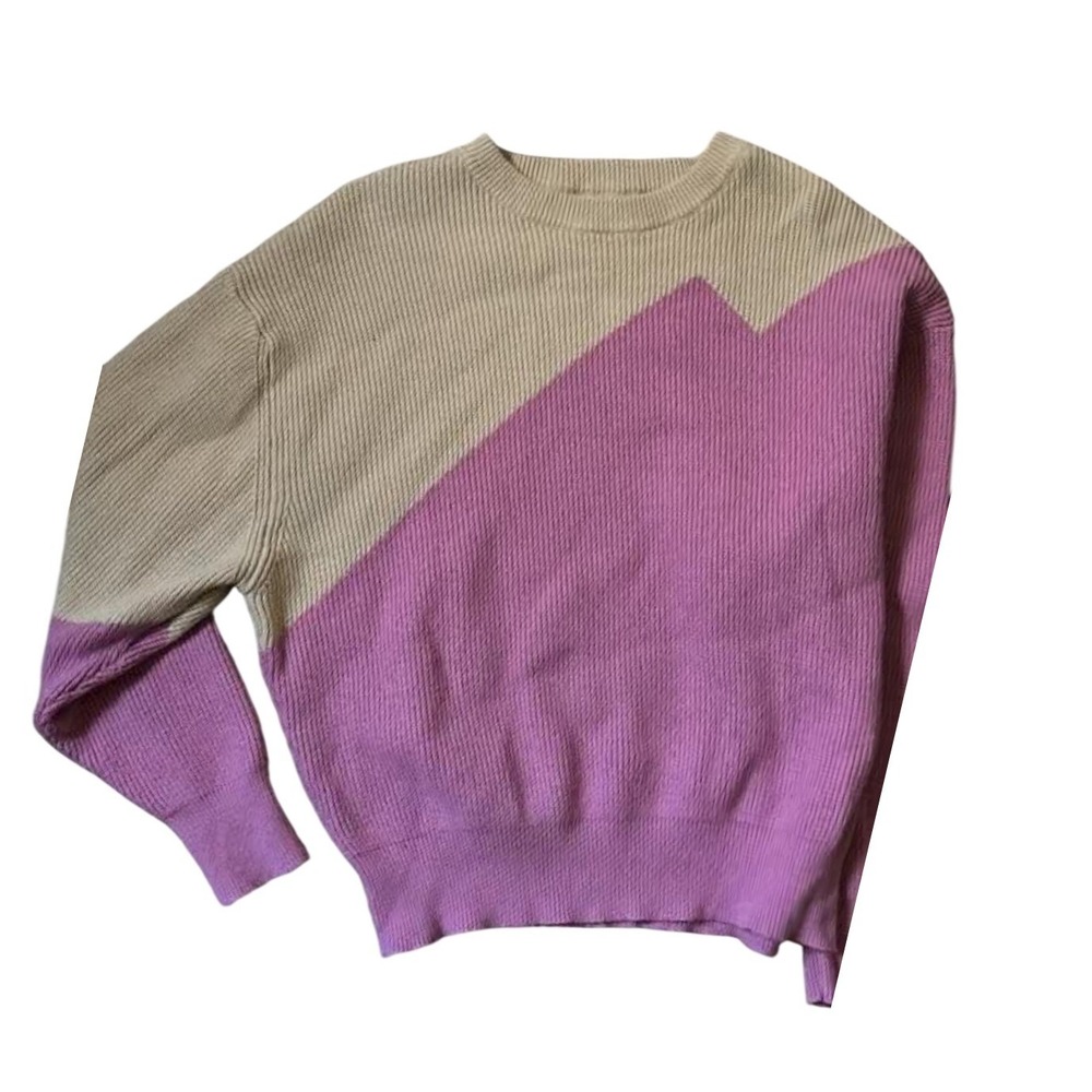 LUSH Colorblock Knit Sweater Cream Purple Crewneck Long‎ Sleeve Pullover Ribbed